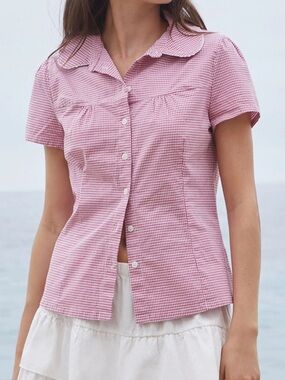 Brandy Melville Red Gingham Short Sleeve Button-Down Shirt